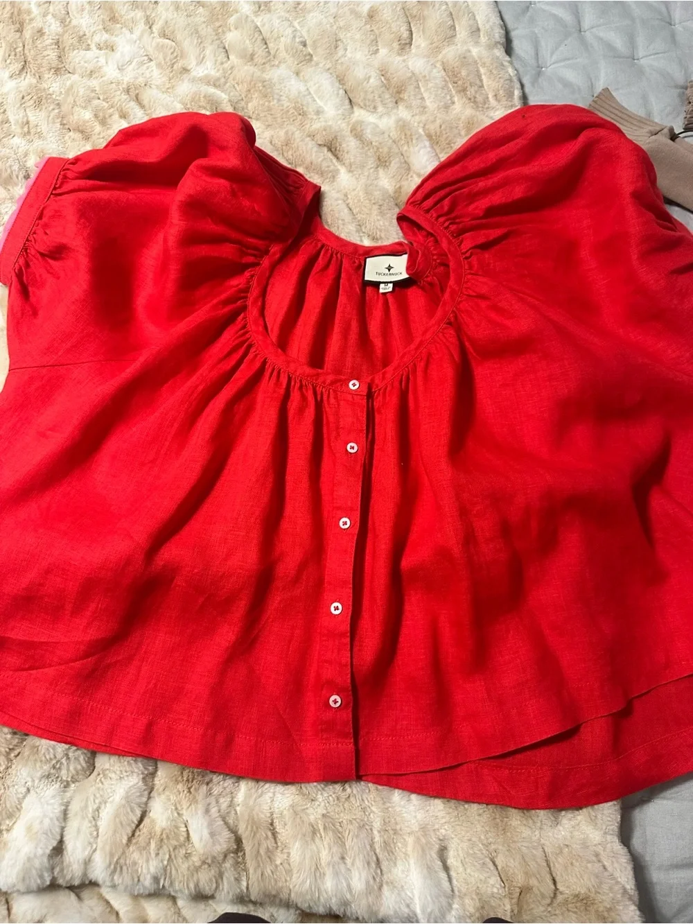 Tuckernuck Red Button-Front Puff Sleeve Blouse - Picture 1 of 4